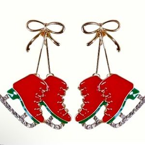 Christmas peirced earrings red skates gold bow ties with bling